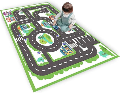 kid rug carpet playmat for toy cars and trains,road traffic kids play area rug,city Life town play Mat for Playroom Bedroom Boys,Children's Educational Fun Throw Rug with Rubber Backing 71X106IN