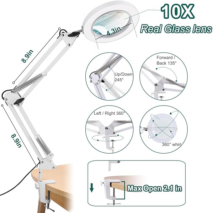 10X Magnifying Glass with Light, Krstlv Real Glass Lens Desk Lamp & Clamp, 3 Color Modes Stepless Dimmable, Hands Free LED Lighted Magnifier with Light and Stand for Reading Crafts Close Works - White