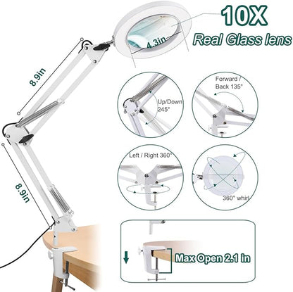 10X Magnifying Glass with Light, Krstlv Real Glass Lens Desk Lamp & Clamp, 3 Color Modes Stepless Dimmable, Hands Free LED Lighted Magnifier with Light and Stand for Reading Crafts Close Works - White