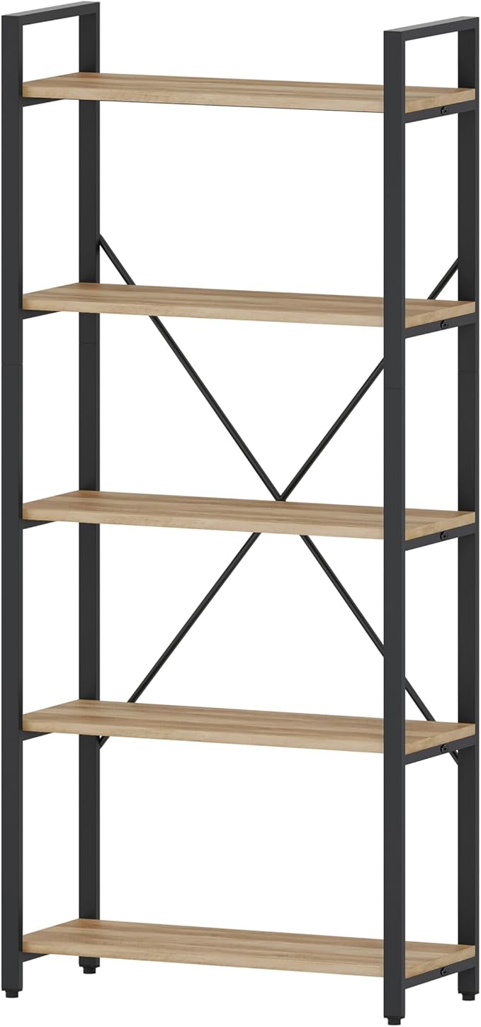 FATORRI 5 Tier Bookshelf, Industrial Wood and Metal Book Shelves for Display, Tall Etagere Bookcase and Rustic Shelving Unit (Rustic Oak)