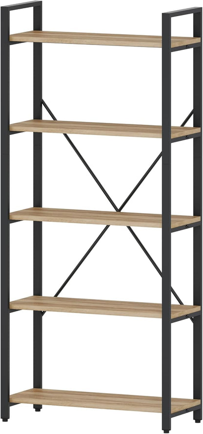 FATORRI 5 Tier Bookshelf, Industrial Wood and Metal Book Shelves for Display, Tall Etagere Bookcase and Rustic Shelving Unit (Rustic Oak)