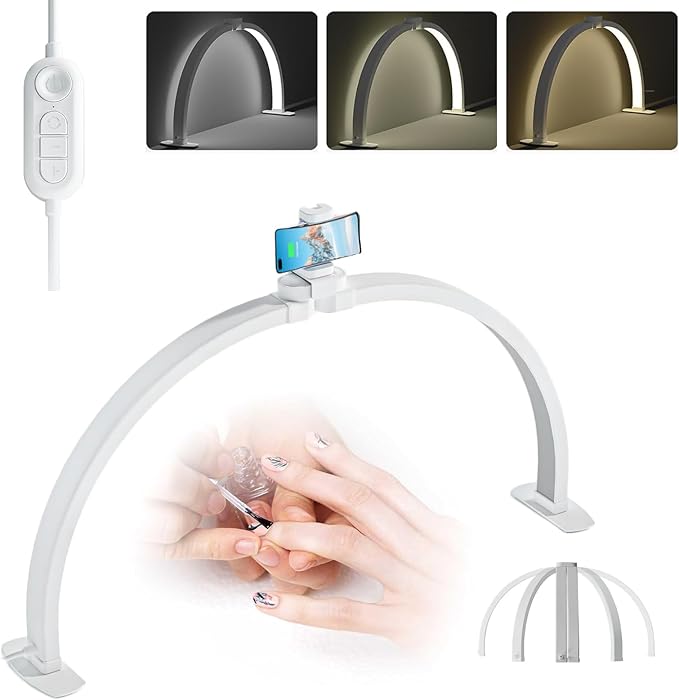 Foldable LED Half Moon Lamp for Nail,38W/3000-6000k Desk Lamp,Lash Lamp for Lash Extension with Storage Bag& Phone Bracket,Led Light for Nails Tech, Stepless Dimming(4700LM&White)