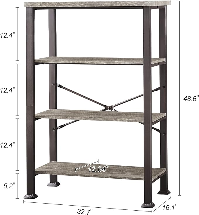 HOMBAZAAR Bookshelf, 4-Tier Vintage Industrial Book Shelf, Rustic Wood and Metal Bookcase and Bookshelves, Free Standing Storage Large Bookshelf for Living Room, Bedroom and Kitchen, Grey Oak