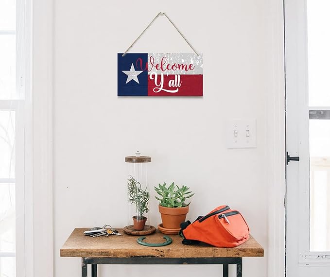 Welcome Y'all Decor Sign, Hanging Wood Sign Home Decorative, Printed Wood Wall Art Sign, Wooden Hanging Sign, Texas Flag Welcome Door Hanger, Welcome Sign for Front Door, Farmhouse Porch Decor 12*6in