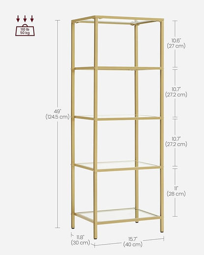 VASAGLE Bookcase, 5-Tier Bookshelf, Slim Shelving Unit for Bedroom, Bathroom, Home Office, Tempered Glass, Steel Frame, Metallic Gold ULGT029A01