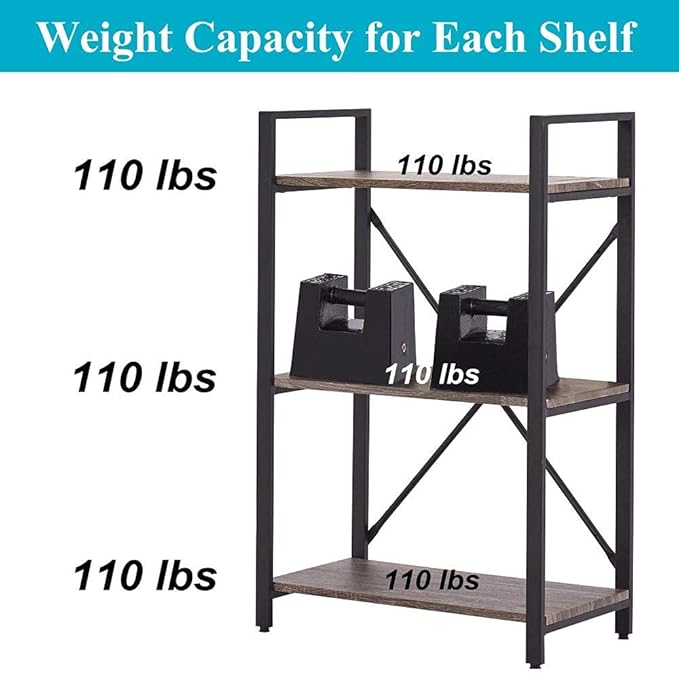 BON AUGURE 3 Tier Bookshelf, Small Rustic Book shelf, Short Industrial Wood Metal Standing Bookcase Etagere for Office, Bedroom and Living Room (Dark Gray Oak)