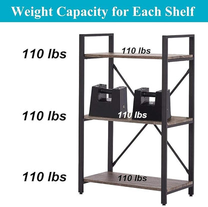 BON AUGURE 3 Tier Bookshelf, Small Rustic Book shelf, Short Industrial Wood Metal Standing Bookcase Etagere for Office, Bedroom and Living Room (Dark Gray Oak)