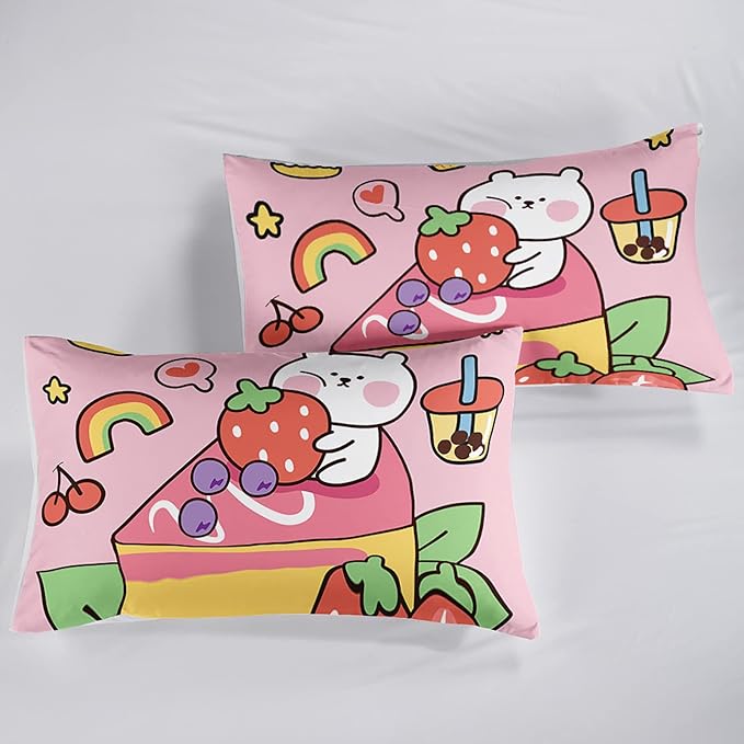 Kawaii Bear Comforter Full,Pink Bear Comforter Set for Kids Teens Girls,3Pcs Bedding Set Printed Comforter with 2 Pillowcases,Down Alternative,Soft and Lightweight，Full Size