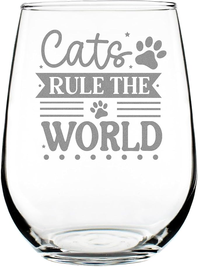 Cats Rule the World Stemless Wine Glass, Engraved Cat Lover, Unique Pet Theme Etched Kitty Fan Glassware