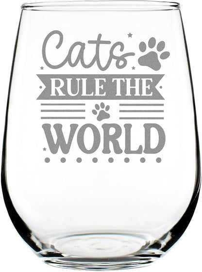 Cats Rule the World Stemless Wine Glass, Engraved Cat Lover, Unique Pet Theme Etched Kitty Fan Glassware