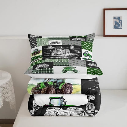 Tractor Bedding Set Twin Size Equipment Trucks Comforter Set Farmhouse Harvester Down Comforter for Kids Boys Car Bedroom Decor Green Vehicle Quilt Set Plaid Comforter with 1 Pillowcase, Grey