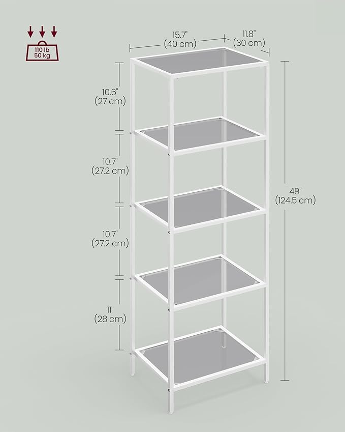 VASAGLE Bookcase, 5-Tier Bookshelf, Slim Shelving Unit for Bedroom, Bathroom, Home Office, Tempered Glass, Steel Frame, Pearl White and Slate Gray ULGT029W01