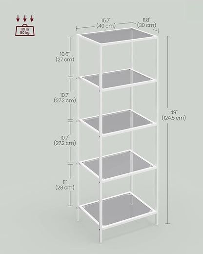 VASAGLE Bookcase, 5-Tier Bookshelf, Slim Shelving Unit for Bedroom, Bathroom, Home Office, Tempered Glass, Steel Frame, Pearl White and Slate Gray ULGT029W01