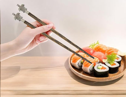 Wooden Chopsticks 9⅞" Coconut Palm Wood Chopstick With Metal Sea Turtle Top Eating Utensils Oriental Cutlery Asian Tableware Decorative Dinnerware to Serve Chinese Japanese Korean Food