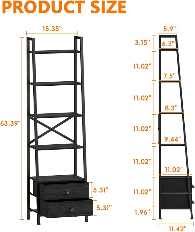 Furologee 5-Tier Ladder Shelf with 2 Drawers,Narrow Bookshelf Storage Shelves,Industrial Bookcase Freestanding Shelf Units for Bedroom,Living Room,Bathroom,Home Office,Balcony,Wood Metal, Black Oak
