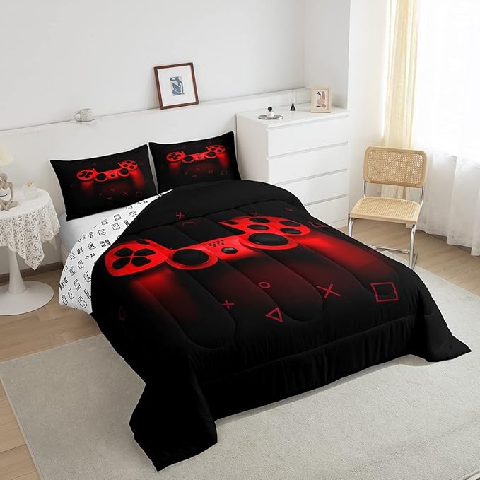 Boys Gamer Comforter Set Queen Size,Gamepad Bedding Set Kids Young Man Video Games Down Comforter for Teen Child Game Room Decor Black Red Classic Retro Gaming Quilted Duvet Set with Pillowcase