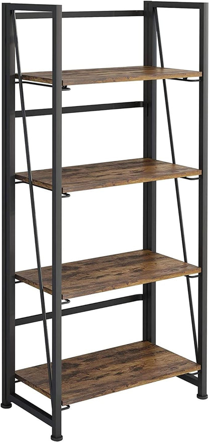 No-Assembly Folding Bookshelf Storage Shelves 4 Tiers Vintage Multifunctional Plant Flower Stand Storage Rack Shelves Bookcase for Home Office (Fire Board)