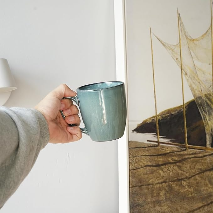 Bosmarlin Ceramic Coffee Mug Set of 4, 17 Oz, Coffee Cups with Big Handle, Microwave Safe, Unique Reactive Glaze (Lake Green, 17 Oz)