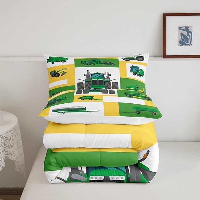 Kids Tractor Bedding Set Twin Boys Green Yellow Truck Comforter Set Excavator Construction Down Comforter Children Cartoon Vehicle Car Duvet Insert Farm Equitment Trucks Bedding Comforter Sets,2Pcs
