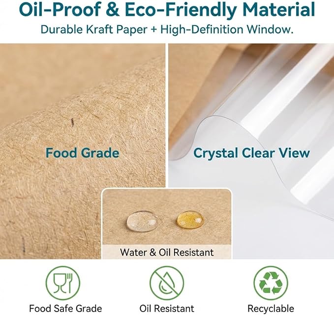 200 Pack Eco-Friendly Kraft Paper Bakery Bags with Clear Window, Reusable Tin Tie Tab Lock for Sealed Freshness, Baked Goods Packaging for Gifting and Bake Sale Extra small(3.9*9.4*3.5Inches)