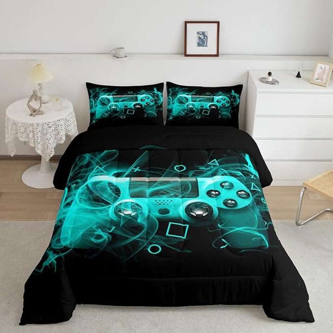 Feelyou Kids Gamer Comforter Set Queen Size Teens Gamepad Bedroom Decor for Boys Girls Video Game Controller Bedding Set Youth Gaming Console Comforter Blue Black Geometry with 2 Pillow Case