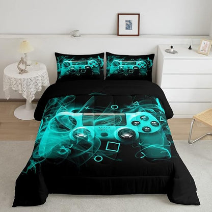 Feelyou Kids Gamer Comforter Set Queen Size Teens Gamepad Bedroom Decor for Boys Girls Video Game Controller Bedding Set Youth Gaming Console Comforter Blue Black Geometry with 2 Pillow Case