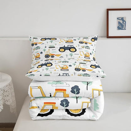 Cartoon Cars Kids Comforter Set Tractor Boys Comforter Cute Excavator Decor Kawaii Soft Bedding Set Cartoon Trees Cars Colorful All Season Quilt Room 3Pcs Full Size Boys
