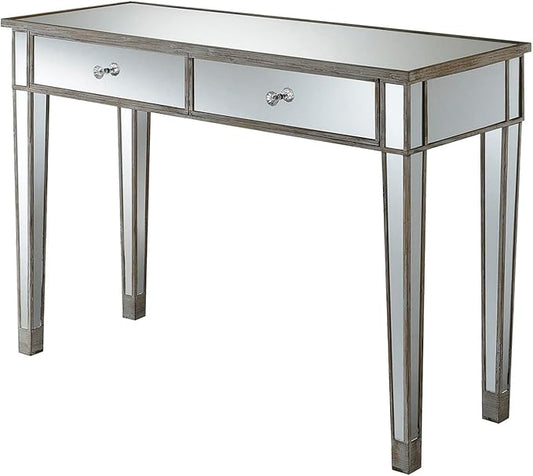Convenience Concepts Gold Coast Mirrored Desk 42" - Console Table with 2 Drawers for Storage in Living Room, Office, Weathered White/Mirror