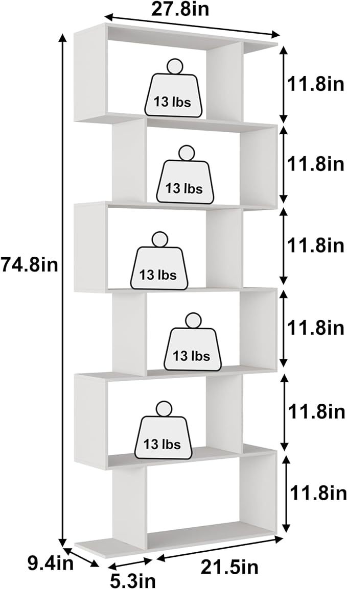 Yusong S Shaped Bookshelf, Modern Geometric Bookcase, 6-Tier White Display Case Book Shelf