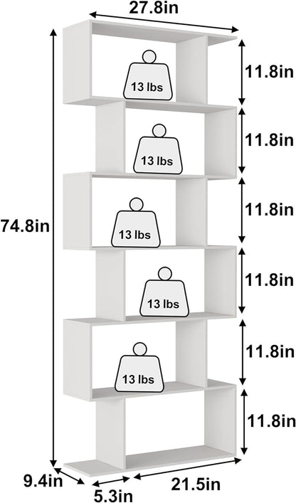 Yusong S Shaped Bookshelf, Modern Geometric Bookcase, 6-Tier White Display Case Book Shelf