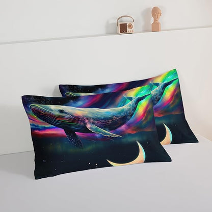 HOSIMA 3D Whale Galaxy Bedding Comforter Sets,Stars Moon Comforter Starry Room Decor Aesthetics,Ocean Theme Marine Life Whale Comforter with 2 Pillowcases Full Size Bed in a Bag Set for Adults Kids.