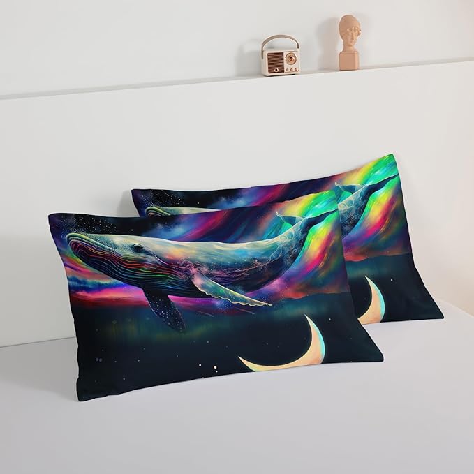 HOSIMA 3D Whale Galaxy Bedding Comforter Sets,Stars Moon King Size Comforter Set Starry Room Decor Aesthetics for Adults Kids,Ocean Theme Marine Life Whale Comforter with 2 Pillowcases.