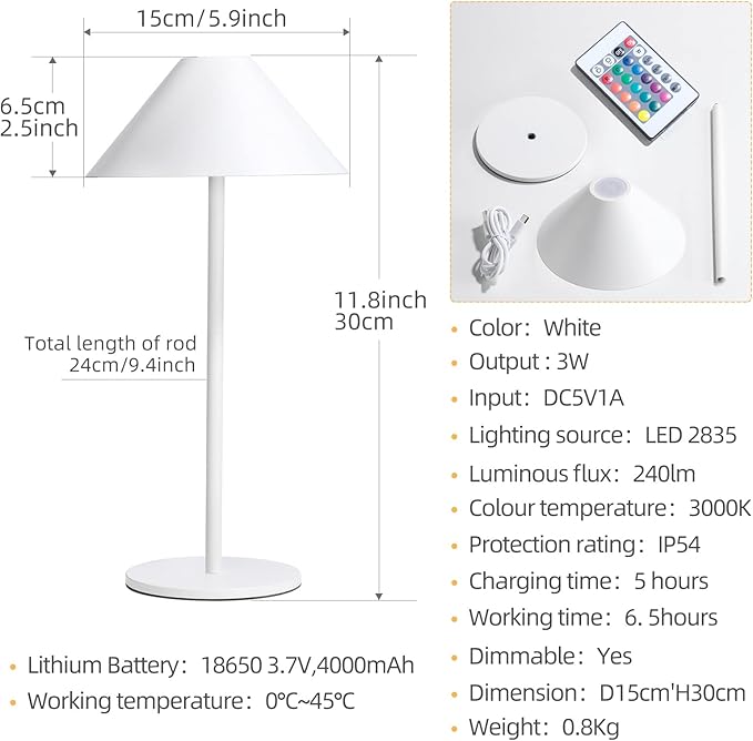 oneleaf Table Lamp RGB Modern LED Cordless,Rechargeable Battery Touch Desk lamp with remote control, Night Light, Metal Shell, for Couple Dinner/Restaurant/Bedroom/Camp-White