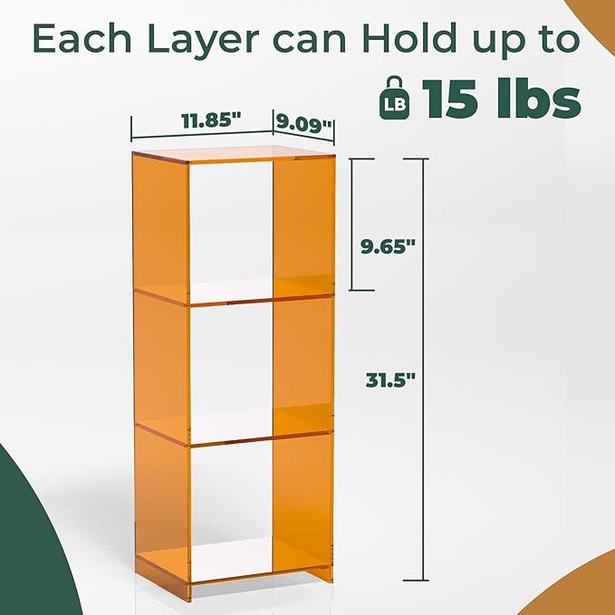 Acrylic Bookcase, 3 Tier Clear Floor Standing Bookshelf, 31.5 inch Tall Display Cube Storage Shelf Home Decor Furniture for Home, Office, Living Room, Bedroom - Transparent Orange