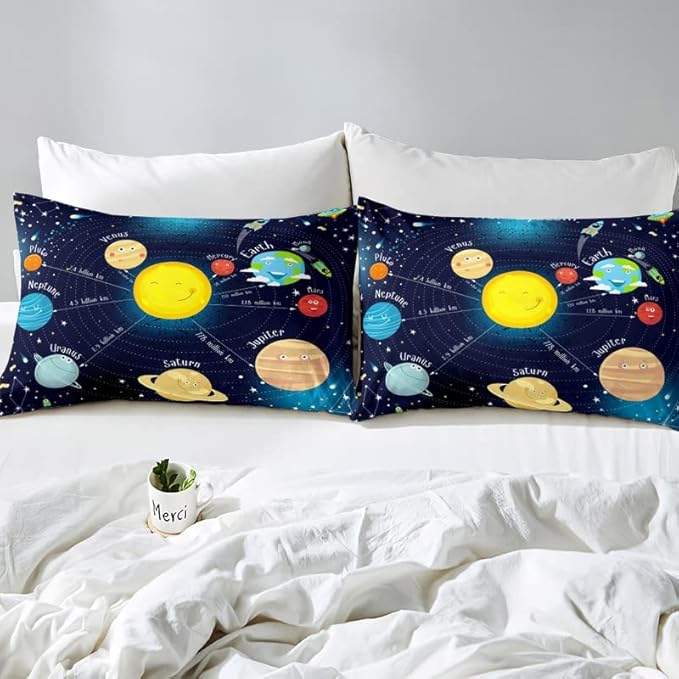 Erosebridal Outer Space Comforter Set Starry Sky Bedding Set Twin Size for Kids Boys Girls Room Galaxy Planet Space Duvet Sets Solar System Cartoon Down Comforter 2 Pieces with 1 Pillow Case, Blue