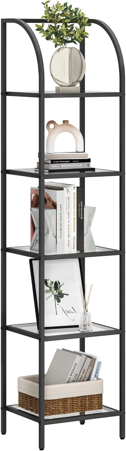 Bookcase Bookshelf, Tempered Glass Arched Bookshelf for More Storage, Slim Shelving Unit for Bedroom, Bathroom, Home Office, Steel Frame, 5 Tier Black BC20599B