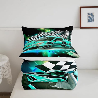 Teal Race Car Comforter Set King Size, Black White Lattice Bedding Set 2pcs for Kids Boys Teens Room Decor,Extreme Sport Games Quilt Set,Cool Modern Duvet Insert with 2 Pillowcases