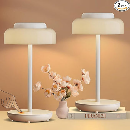 QiMH Battery Operated LED Table Lamp, 2 Pack 5000mAh Cordless Desk Lamp with 3 Level Brightness Touch Control, Mini Rechargeable Night Light for Living Room, Bedroom, Outdoor bar (White)