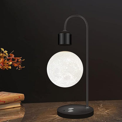Unique Modern Levitating Moon Lamp with Built-in Qi Wireless Charger, Simplistic and Innovative Design, Warm Decorative LED Light for Home and Office (Black)