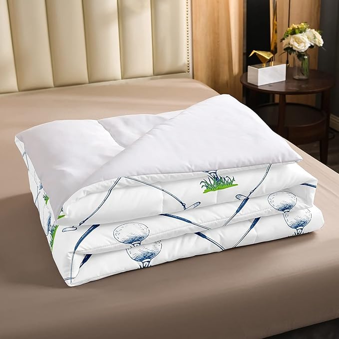 Erosebridal Golf Comforter Set Twin Size Golf Club Bedding Set Sport Game Athlete Grass Leaf Branches Down Comforter for Men, Room Decorative 2 Pieces Comforter with 1 Pillow Case, White