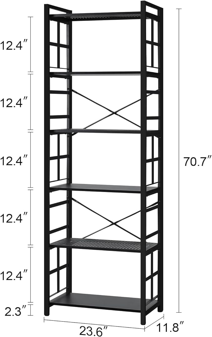 HOMBAZAAR Bookshelf,6 Tier Tall Bookshelf with Metal Frame,Open Bookshelves and Bookcases,Industrial Book Shelf for Living Room,Home Office and Bedroom,Black