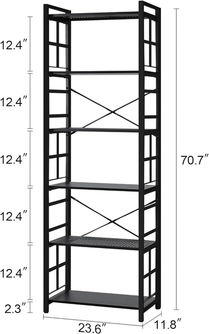 HOMBAZAAR Bookshelf,6 Tier Tall Bookshelf with Metal Frame,Open Bookshelves and Bookcases,Industrial Book Shelf for Living Room,Home Office and Bedroom,Black
