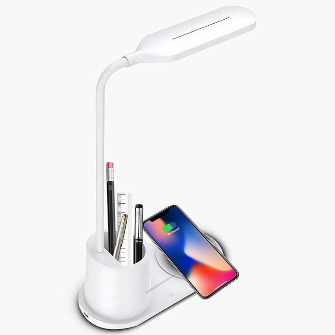 Generic USB Desk Lamp with Wireless Charging Station, Wall Adapter and Pen Holder (Black)