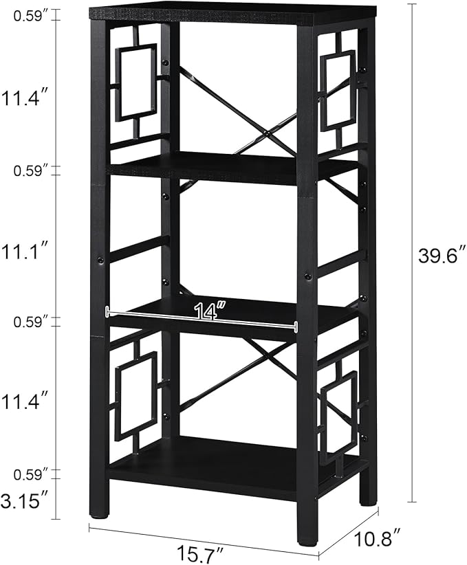 Bookshelf, Vintage Industrial 4 Tier Bookshelf, Freestanding Narrow Bookcase with Rustic Wood and Metal, Small Bookshelf for Home Office, Bedroom & Living Room, Black