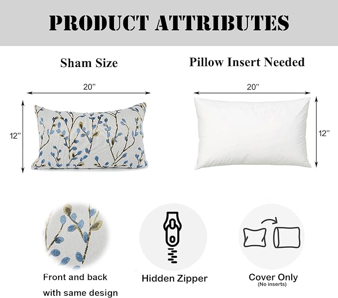 YOUR SMILE Classical Embroidery Jacquard Blue Square Decorative Throw Pillow Case Cushion Cover,12x20 inch