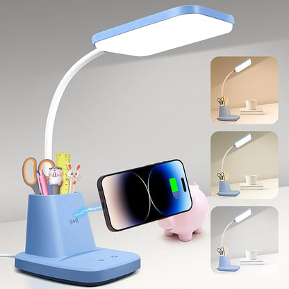 Sailstar Small Desk Lamp, Kids Desk Lamp with Pen Holder, Wireless Charger LED Desk Lamps for Home Office, 800LM Gooseneck 3 Modes Dimmable Touch Cute Desk Lamp, Blue Study Lamp for College Dorm Room