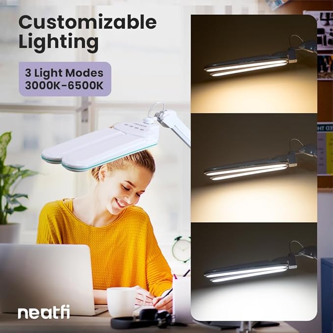 Neatfi Elite HD XL Task Lamp, 3 Light Modes, 90PCS SMD LED, Super Bright Desk Lamp, Eye-Caring LED Lamp, Non-Polar Dimming, Adjustable Brightness Levels (CCT with Clamp, Blue Ring, 17 Inches)