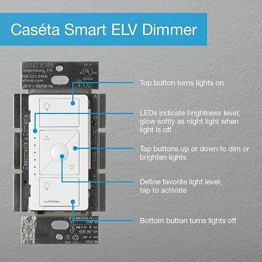 Lutron Caséta Wireless Smart Lighting Dimmer Switch for ELV+ Bulbs with Pico Remote, White