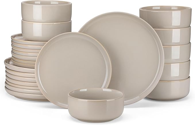 vancasso PLAYA Ceramic Plates and Bowls Sets,24 Pieces Grey Dinnerware Sets for Kitchen,Reactive Glaze Dishes Set for 8, Dishwasher and Microwave Safe