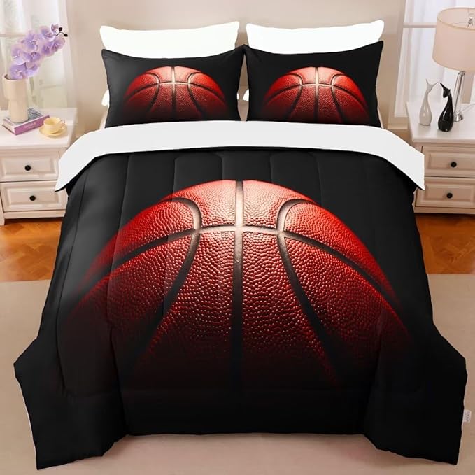 Teens Boys Sports Comforter Set Full,Basketball Bedding Set for Kids,Sports Orange Basketball Comforter Sets,Black Teenage Boy Bedroom Bed Set 3 Pieces with Pillowcases